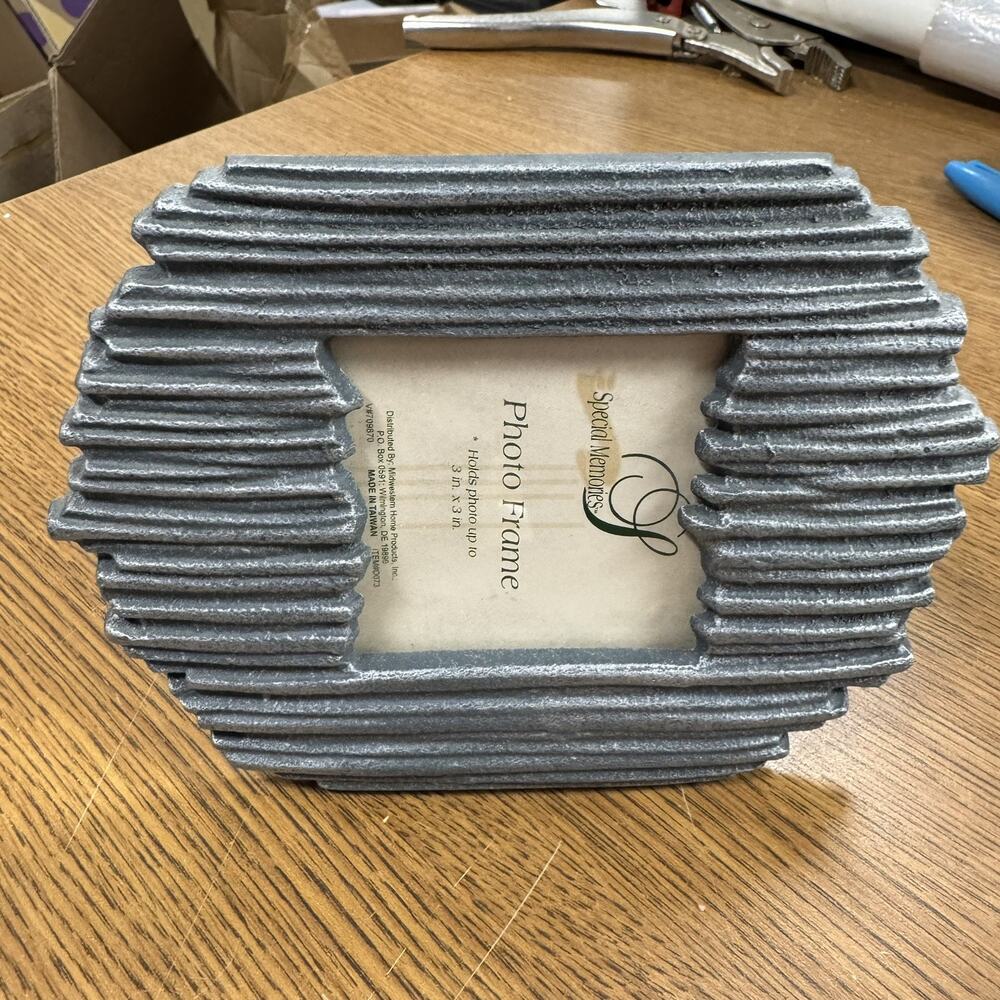 Vintage? Heavy Metal Silver Tone Standing Picture Frame Special Memories 3x3 -HN